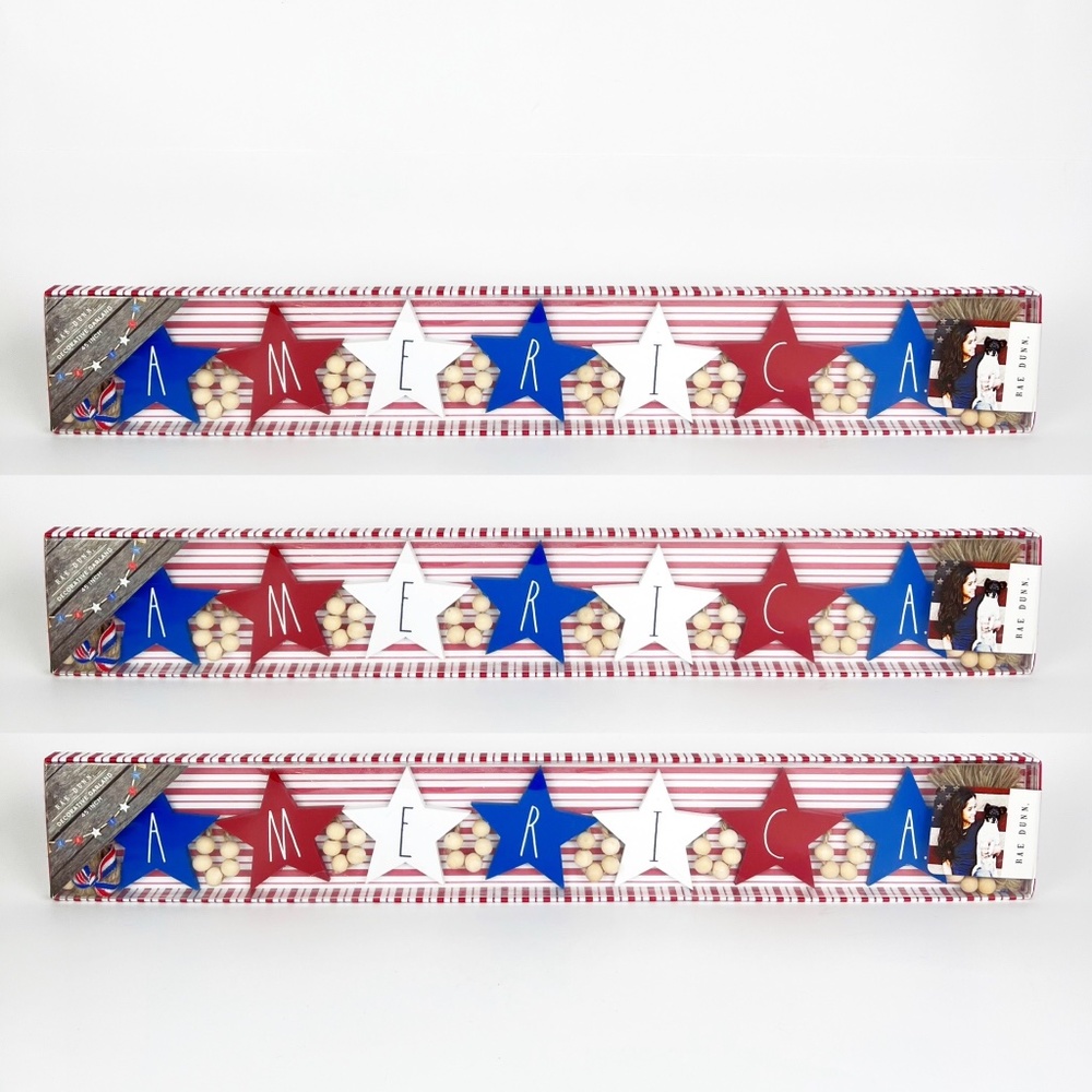 Set of 3 Rae Dunn USA 4th July Red White Blue Stars America 45" Garland Wood